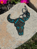 Aztec Cattle Skull Wooden Keychain - Handmade and Painted