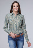 Karman Classics Women's Long Sleeve Cream/Teal/Tan Plaid Western Shirt