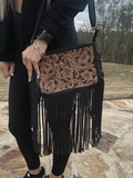 Texas Western Cowhide Special Edition Fringe Tooled Leather Purse Crossbody Bag