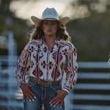 Hooey "Sol" Ladies White with Blue & Pink Aztec Long Sleeve Pearl Snap Shirt